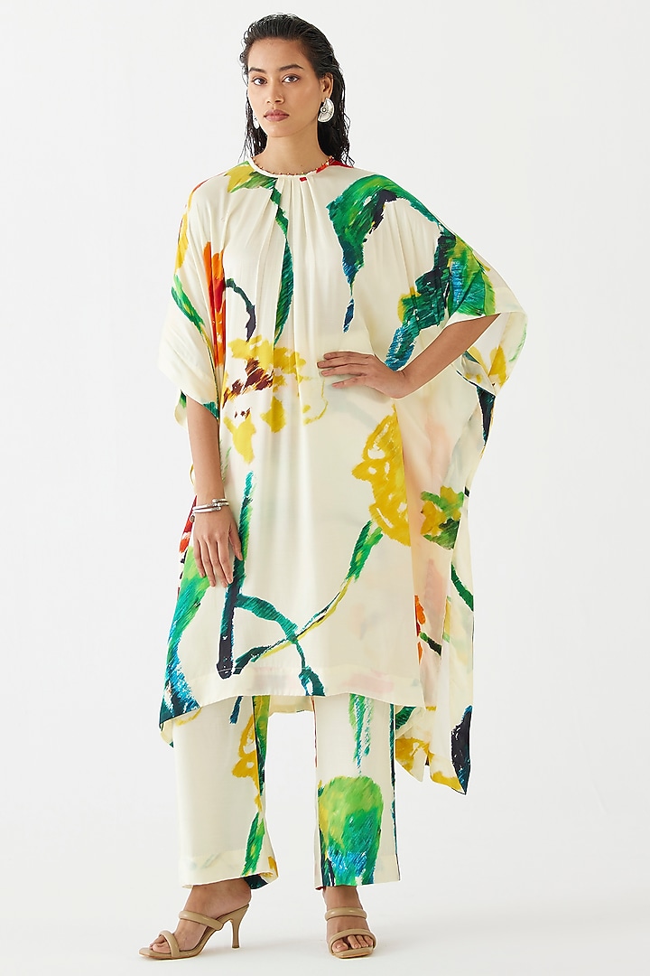Cream Vegan Silk Hand Embroidered & Floral Printed Co-Ord Set by Studio Rigu at Pernia's Pop Up Shop