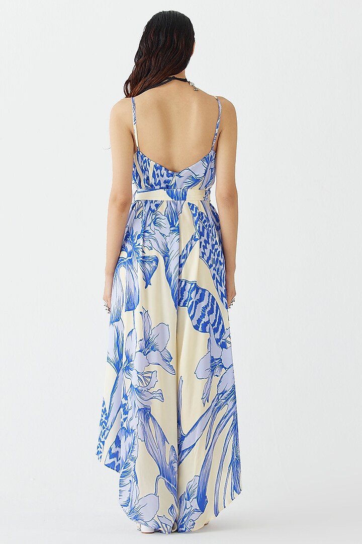 Blue Vegan Silk Floral Printed Jumpsuit With Belt by Studio Rigu at Pernia's Pop Up Shop