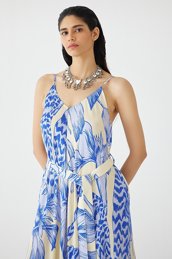 Blue Vegan Silk Floral Printed Jumpsuit With Belt by Studio Rigu at Pernia's Pop Up Shop