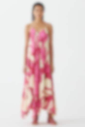 Pink Vegan Silk Printed Strappy Dress by Studio Rigu