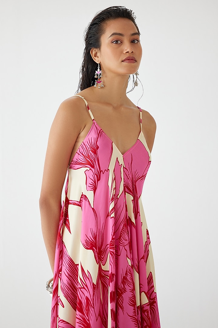 Pink Vegan Silk Printed Strappy Summer Dress by Studio Rigu at Pernia's Pop Up Shop