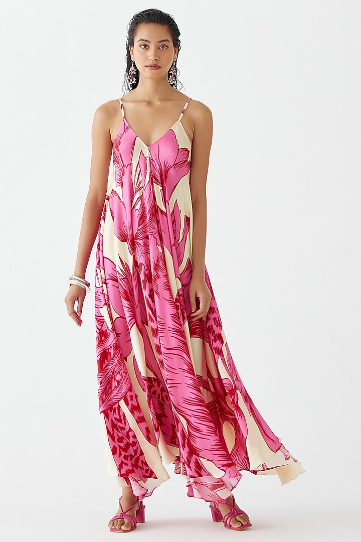 Pink Vegan Silk Printed Strappy Summer Dress by Studio Rigu at Pernia's Pop Up Shop