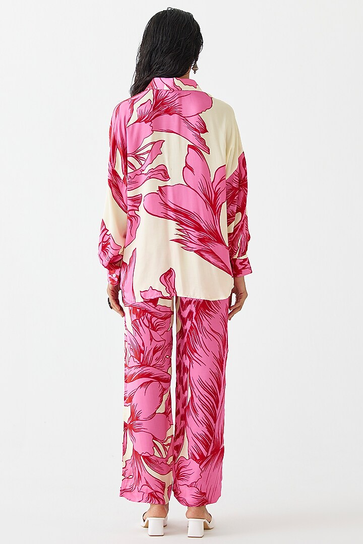Pink Vegan Silk Hand Embroidered & Floral Printed Co-Ord Set by Studio Rigu at Pernia's Pop Up Shop