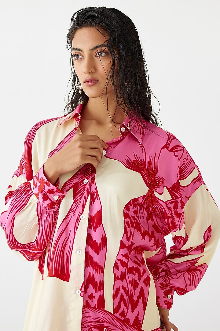 Pink Vegan Silk Hand Embroidered & Floral Printed Co-Ord Set by Studio Rigu at Pernia's Pop Up Shop