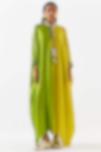 Yellow & Green Vegan Silk Hand Embroidered Hand-Dyed Ombre Kaftan by Studio Rigu at Pernia's Pop Up Shop