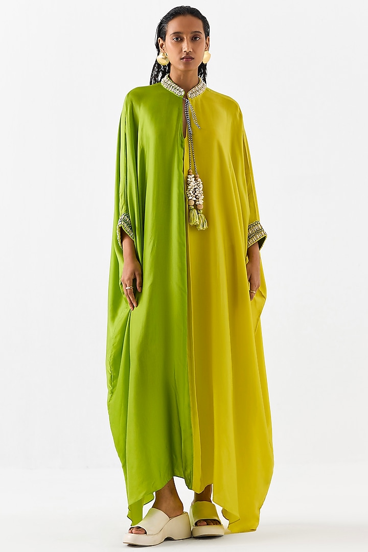 Yellow & Green Vegan Silk Hand Embroidered Hand-Dyed Ombre Kaftan by Studio Rigu at Pernia's Pop Up Shop