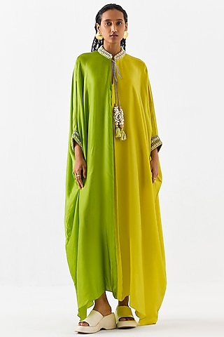 Yellow & Green Vegan Silk Hand Embroidered Hand-Dyed Ombre Kaftan by Studio Rigu