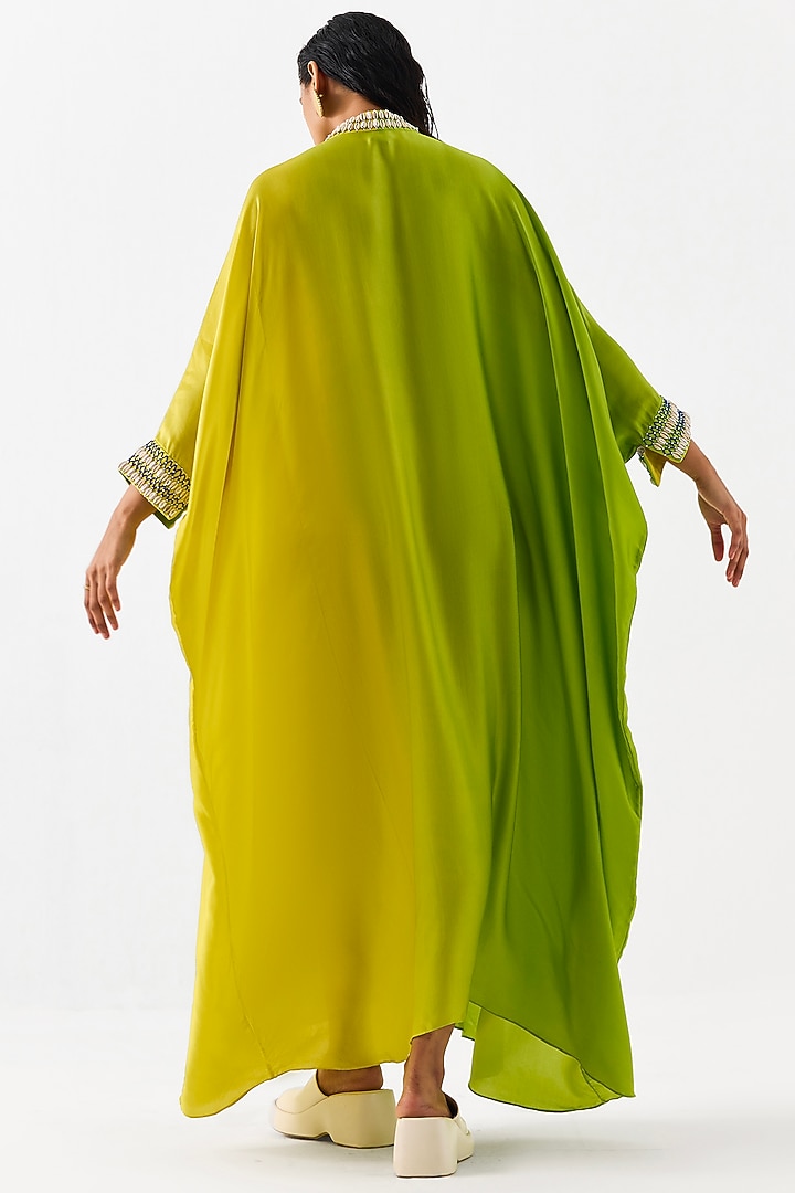 Yellow & Green Vegan Silk Hand Embroidered Hand-Dyed Ombre Kaftan by Studio Rigu at Pernia's Pop Up Shop