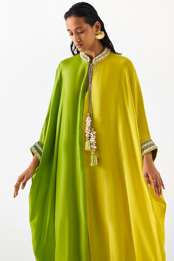 Yellow & Green Vegan Silk Hand Embroidered Hand-Dyed Ombre Kaftan by Studio Rigu at Pernia's Pop Up Shop