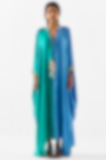 Blue & Sea Green Vegan Silk Hand Embroidered Hand-Dyed Ombre Kaftan by Studio Rigu at Pernia's Pop Up Shop