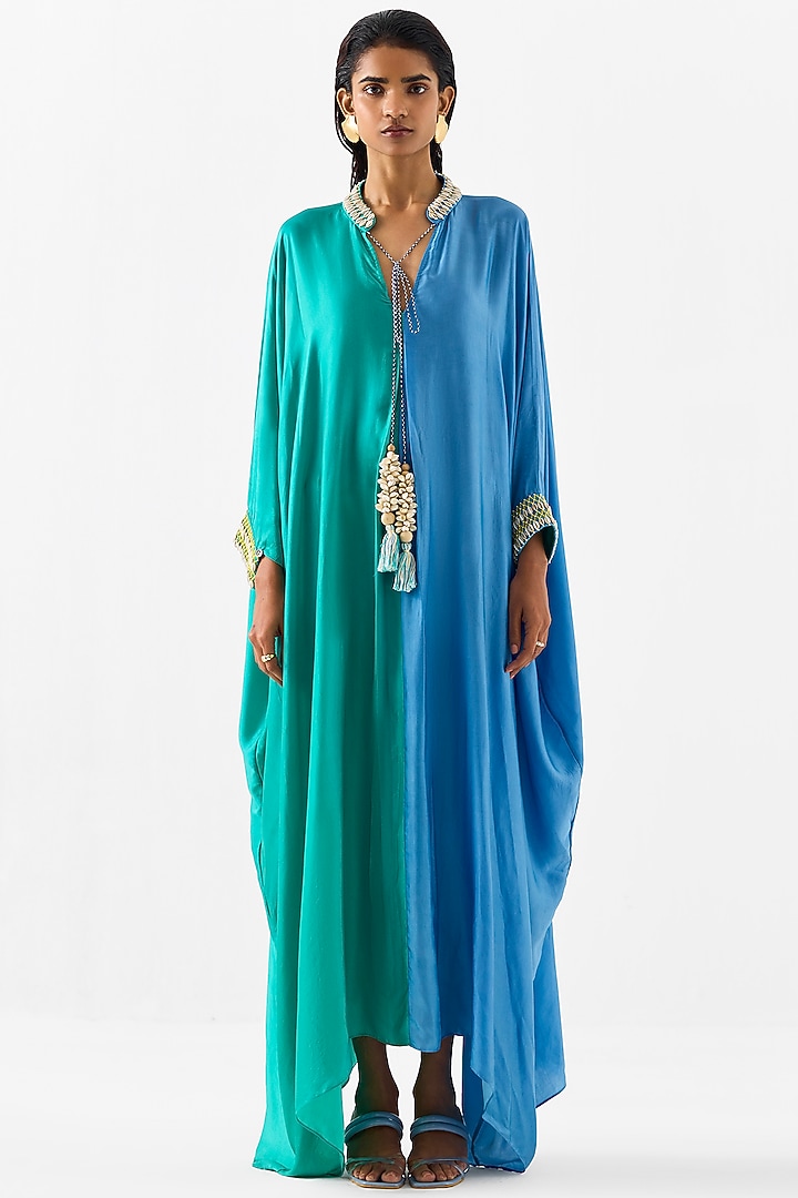 Blue & Sea Green Vegan Silk Hand Embroidered Hand-Dyed Ombre Kaftan by Studio Rigu at Pernia's Pop Up Shop