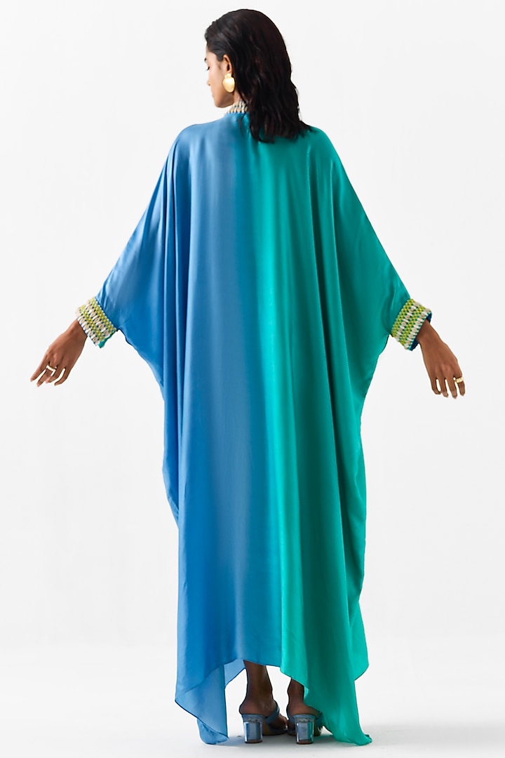 Blue & Sea Green Vegan Silk Hand Embroidered Hand-Dyed Ombre Kaftan by Studio Rigu at Pernia's Pop Up Shop