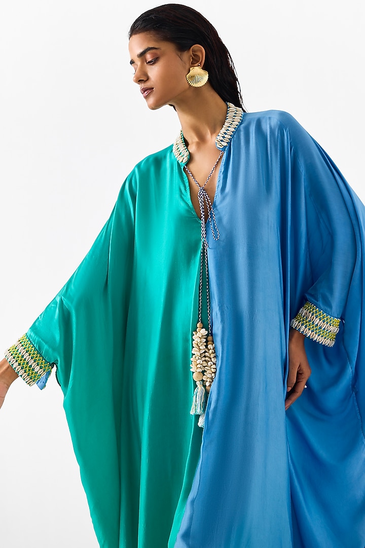 Blue & Sea Green Vegan Silk Hand Embroidered Hand-Dyed Ombre Kaftan by Studio Rigu at Pernia's Pop Up Shop