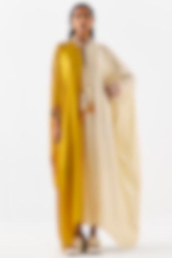 Yellow & Beige Vegan Silk Hand Embroidered Hand-Dyed Ombre Kaftan by Studio Rigu at Pernia's Pop Up Shop