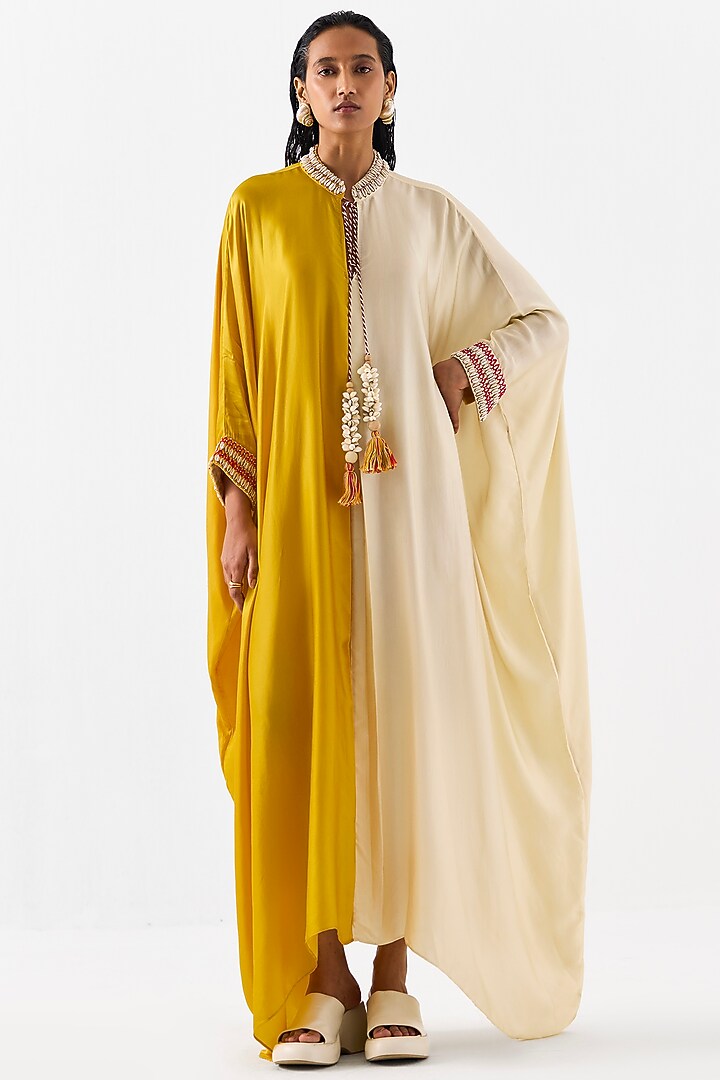 Yellow & Beige Vegan Silk Hand Embroidered Hand-Dyed Ombre Kaftan by Studio Rigu at Pernia's Pop Up Shop