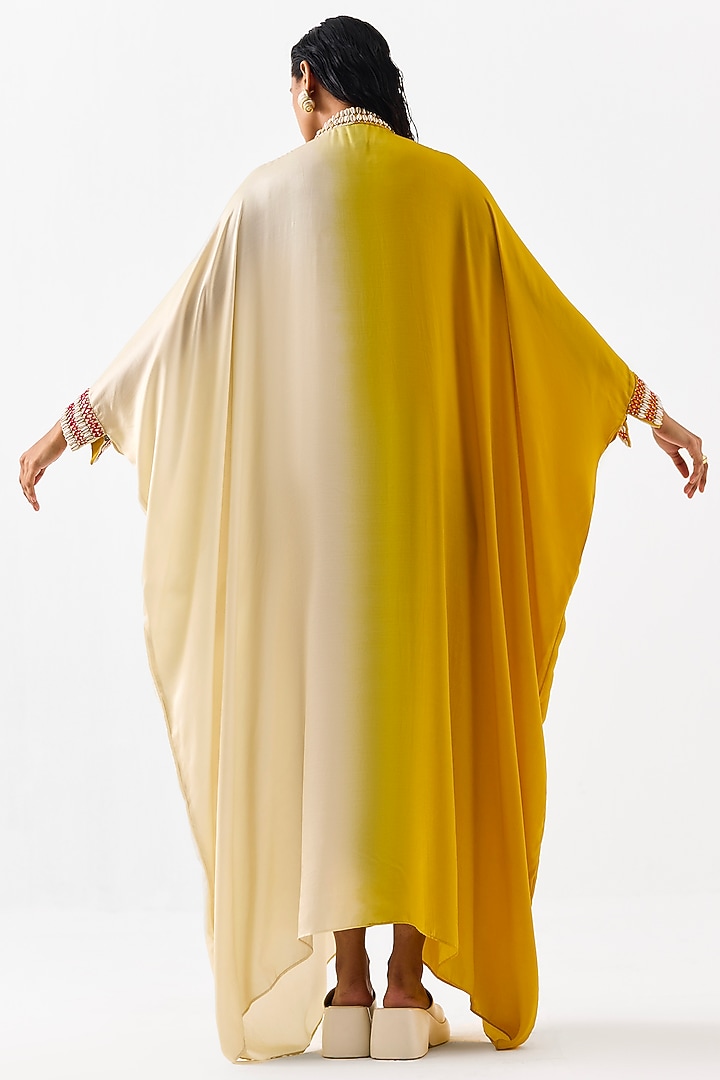 Yellow & Beige Vegan Silk Hand Embroidered Hand-Dyed Ombre Kaftan by Studio Rigu at Pernia's Pop Up Shop