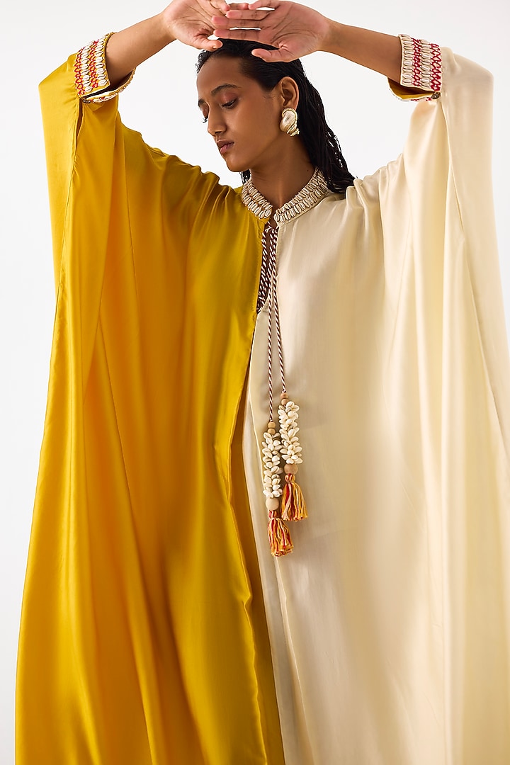 Yellow & Beige Vegan Silk Hand Embroidered Hand-Dyed Ombre Kaftan by Studio Rigu at Pernia's Pop Up Shop