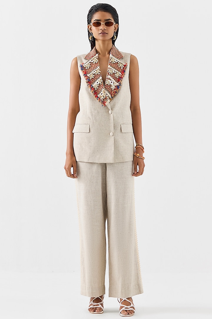 Natural Beige Linen Hand Embroidered Co-Ord Set by Studio Rigu at Pernia's Pop Up Shop