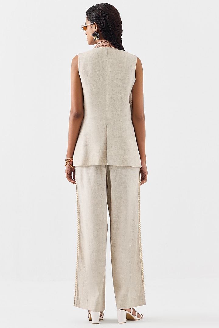 Natural Beige Linen Hand Embroidered Co-Ord Set by Studio Rigu at Pernia's Pop Up Shop