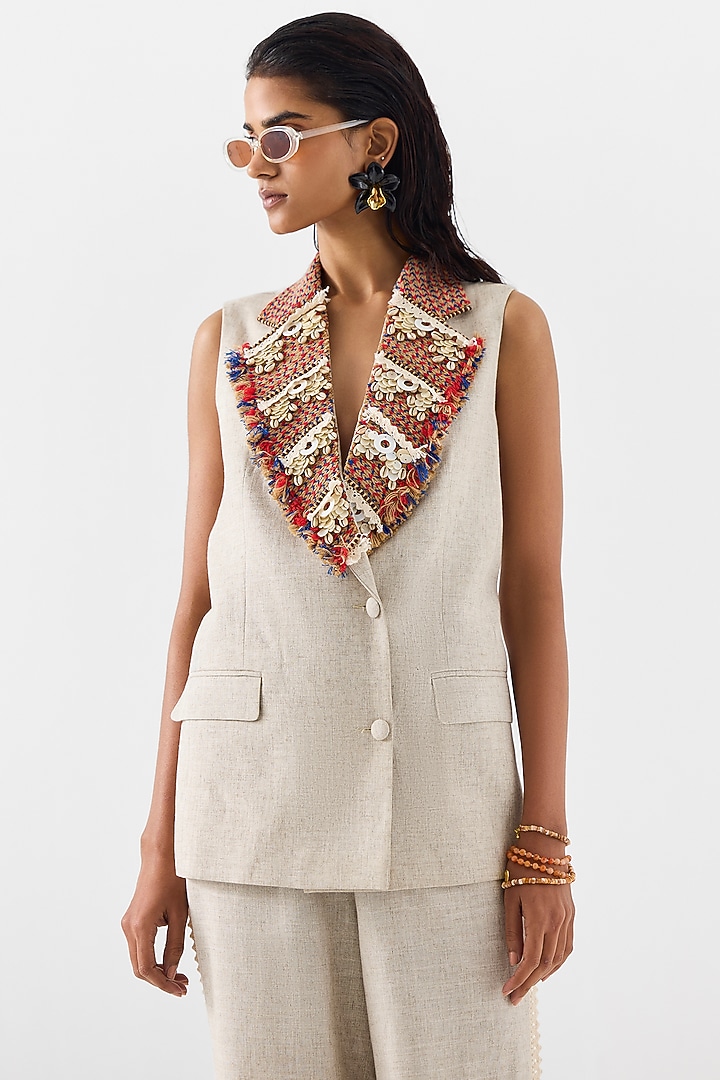 Natural Beige Linen Hand Embroidered Co-Ord Set by Studio Rigu at Pernia's Pop Up Shop