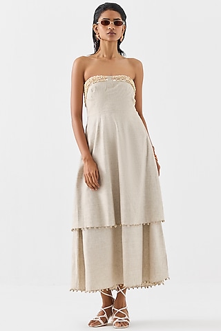 Natural Beige Linen Hand Embroidered Tiered Dress by Studio Rigu
