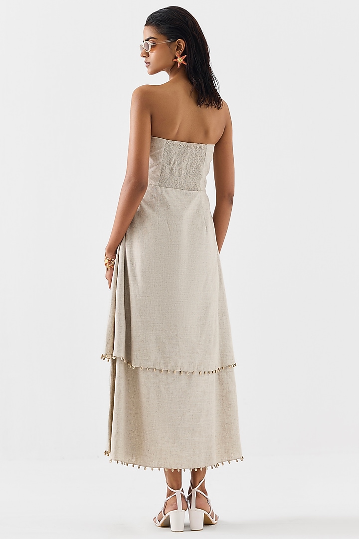 Natural Beige Linen Hand Embroidered Tiered Vacation Dress by Studio Rigu at Pernia's Pop Up Shop