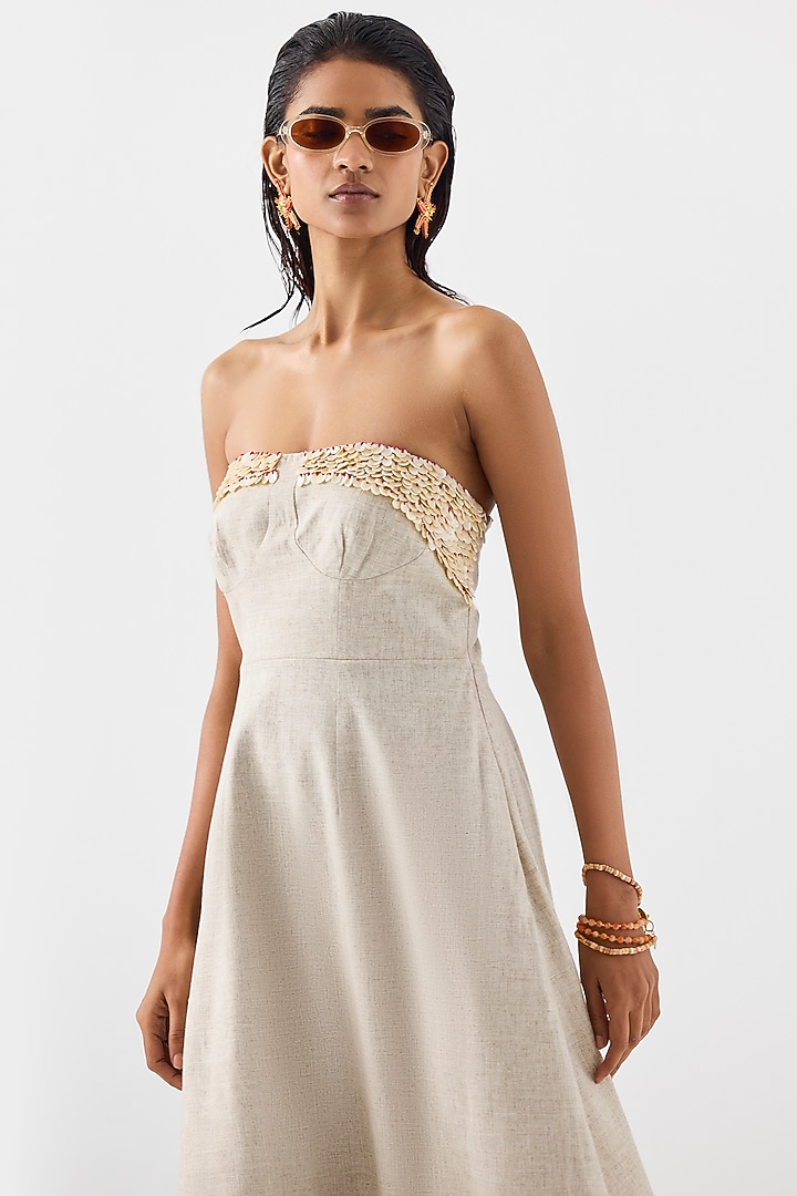 Natural Beige Linen Hand Embroidered Tiered Vacation Dress by Studio Rigu at Pernia's Pop Up Shop