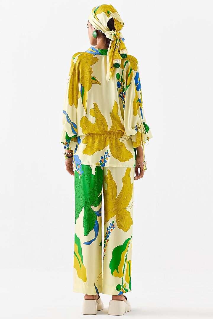 Yellow & Green Vegan Silk Digital Printed Co-Ord Set by Studio Rigu at Pernia's Pop Up Shop