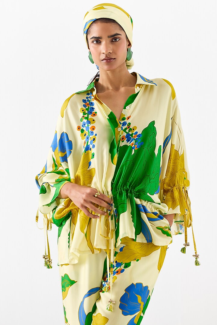 Yellow & Green Vegan Silk Digital Printed Co-Ord Set by Studio Rigu at Pernia's Pop Up Shop