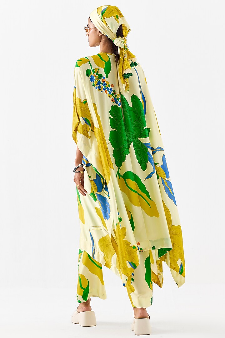Yellow & Green Vegan Silk Digital Printed Kimono Kurta Set by Studio Rigu at Pernia's Pop Up Shop