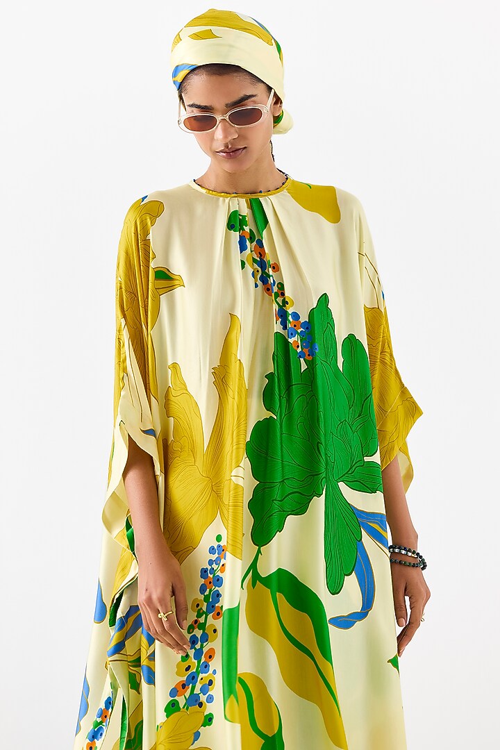 Yellow & Green Vegan Silk Digital Printed Kimono Kurta Set by Studio Rigu at Pernia's Pop Up Shop