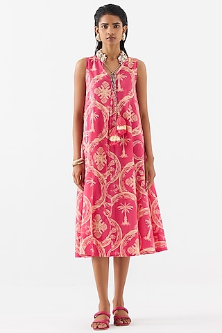 Pink Cotton Digital Printed A-Line Dress by Studio Rigu