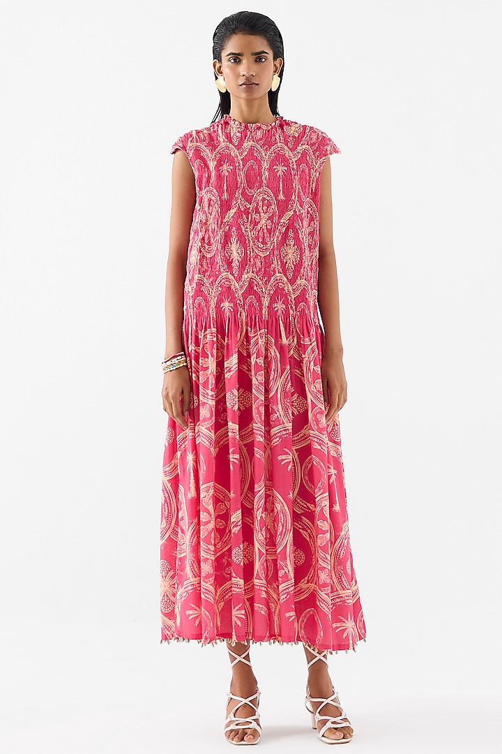Pink Cotton Digital Printed Ruched Vacation Dress by Studio Rigu at Pernia's Pop Up Shop