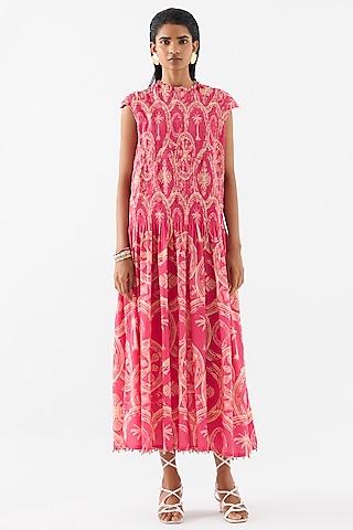 Pink Cotton Digital Printed Ruched Dress by Studio Rigu