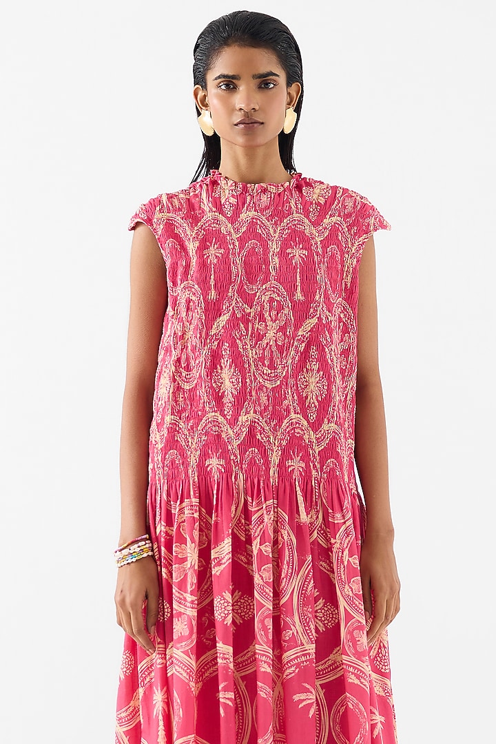 Pink Cotton Digital Printed Ruched Vacation Dress by Studio Rigu at Pernia's Pop Up Shop