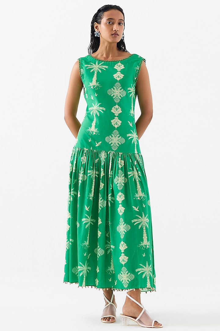Green Cotton Digital Printed Maxi Summer Dress by Studio Rigu at Pernia's Pop Up Shop