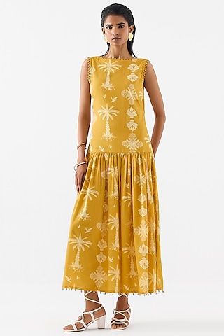 Yellow Cotton Digital Printed Maxi Dress by Studio Rigu