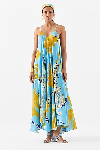 Blue Vegan Silk Digital Printed A-Line Dress by Studio Rigu