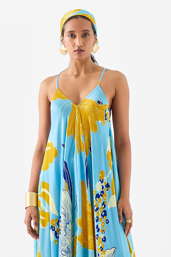Blue Vegan Silk Digital Printed A-Line Summer Dress by Studio Rigu at Pernia's Pop Up Shop