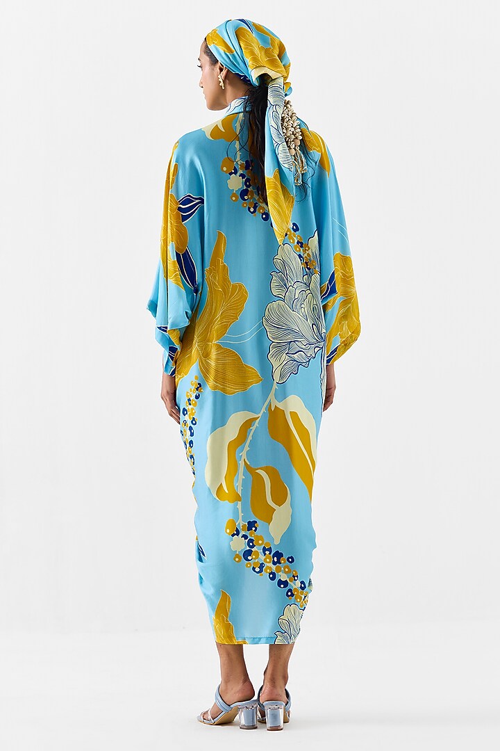 Blue Vegan Silk Digital Printed Kaftan by Studio Rigu at Pernia's Pop Up Shop