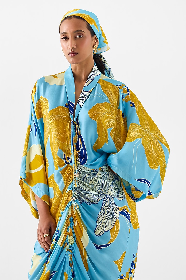 Blue Vegan Silk Digital Printed Kaftan by Studio Rigu at Pernia's Pop Up Shop