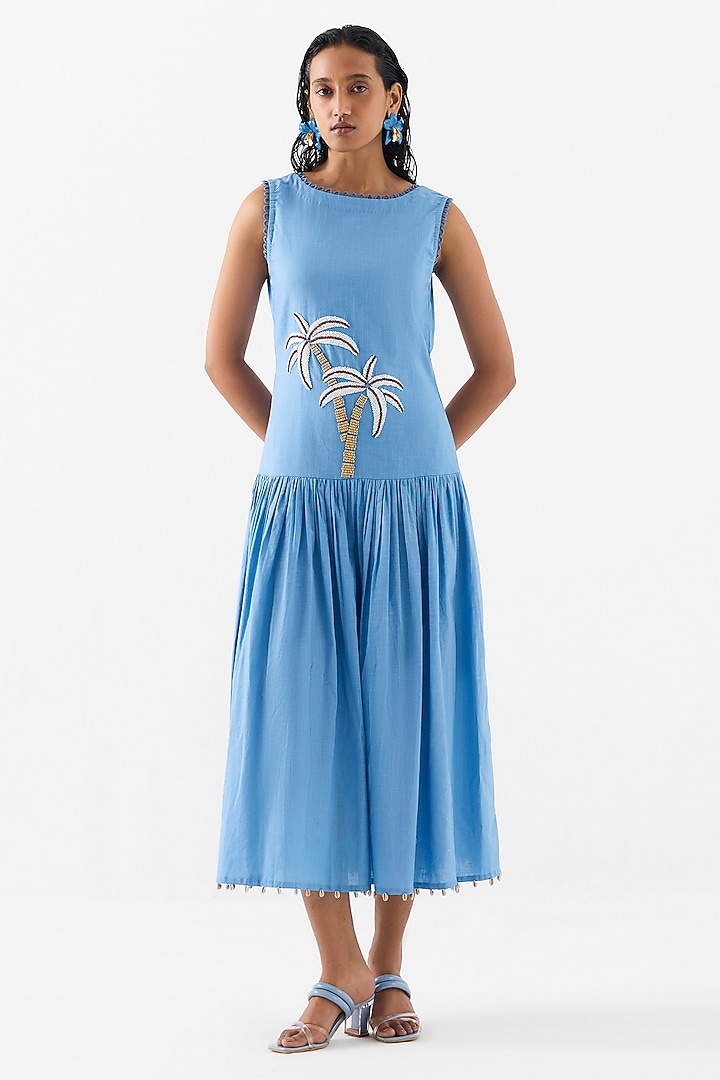 Blue Hand Dyed Cotton Hand Embroidered Vacation Dress by Studio Rigu at Pernia's Pop Up Shop