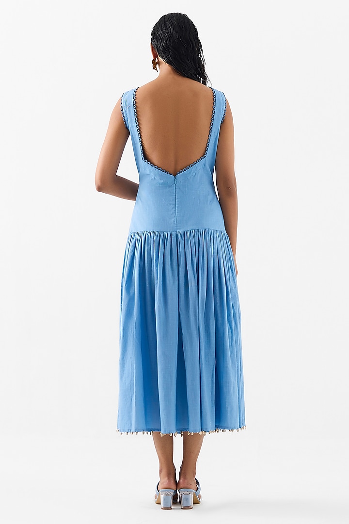 Blue Hand Dyed Cotton Hand Embroidered Vacation Dress by Studio Rigu at Pernia's Pop Up Shop