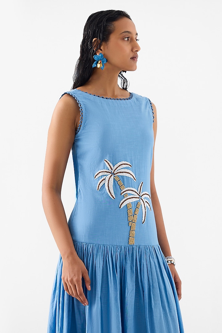 Blue Hand Dyed Cotton Hand Embroidered Vacation Dress by Studio Rigu at Pernia's Pop Up Shop