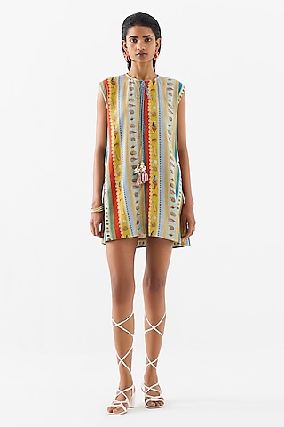Multi-Colored Linen Digital Printed A-Line Mini Dress by Studio Rigu