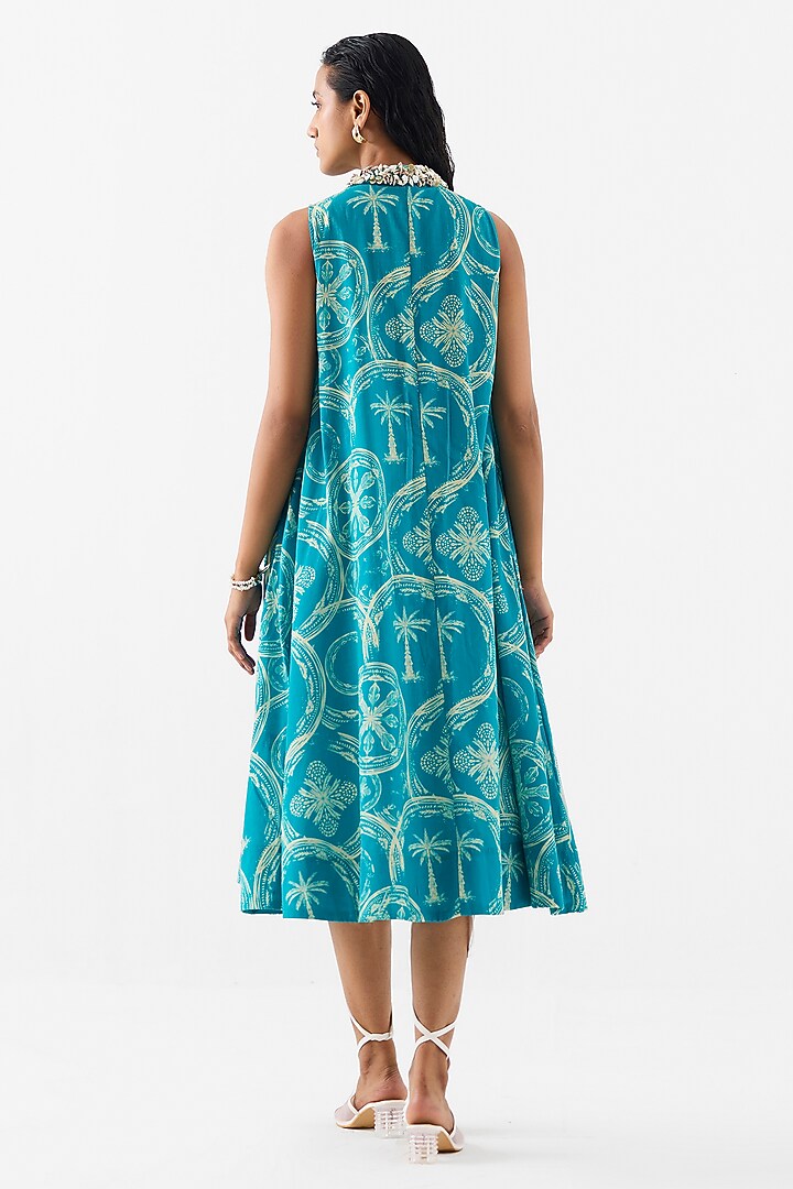 Turquoise Cotton Slub Digital Printed & Embroidered Vacation Dress by Studio Rigu at Pernia's Pop Up Shop