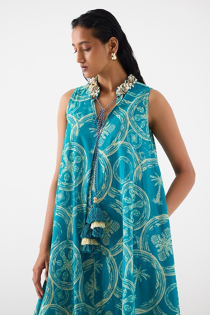 Turquoise Cotton Slub Digital Printed & Embroidered Vacation Dress by Studio Rigu at Pernia's Pop Up Shop