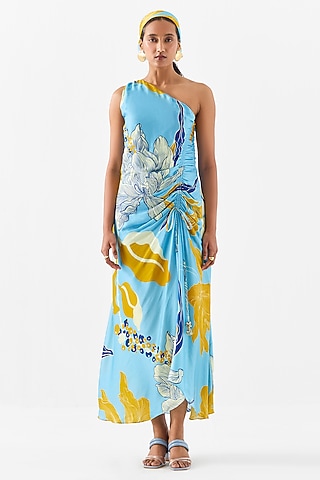 Blue Vegan Silk Digital Printed One-Shoulder Dress by Studio Rigu