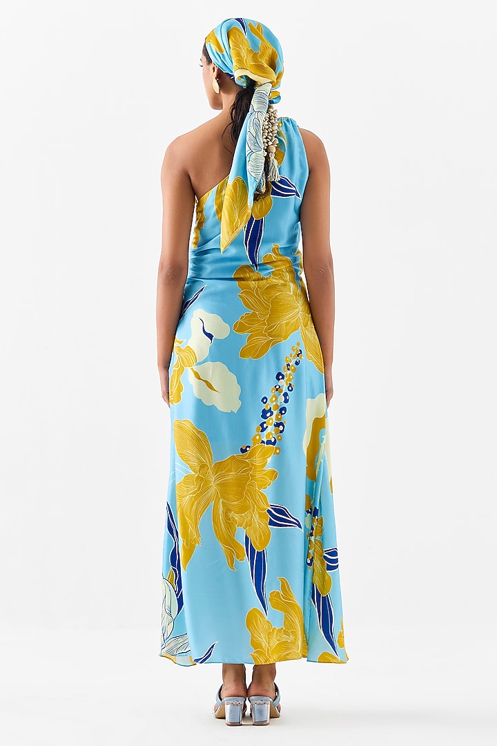 Blue Vegan Silk Digital Printed One-Shoulder Summer Dress by Studio Rigu at Pernia's Pop Up Shop