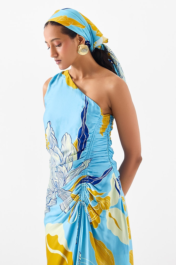 Blue Vegan Silk Digital Printed One-Shoulder Summer Dress by Studio Rigu at Pernia's Pop Up Shop